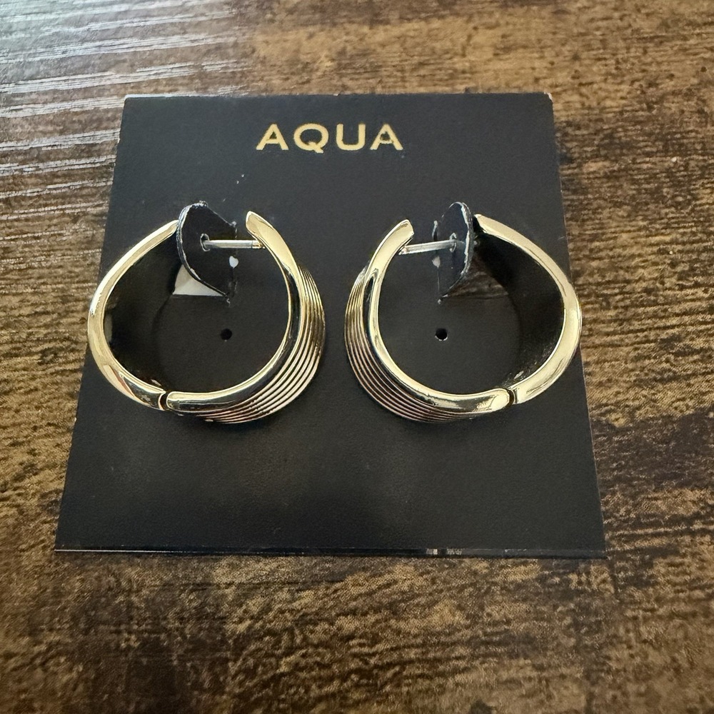 Aqua Metal Textured Hoop Earrings Gold Tone